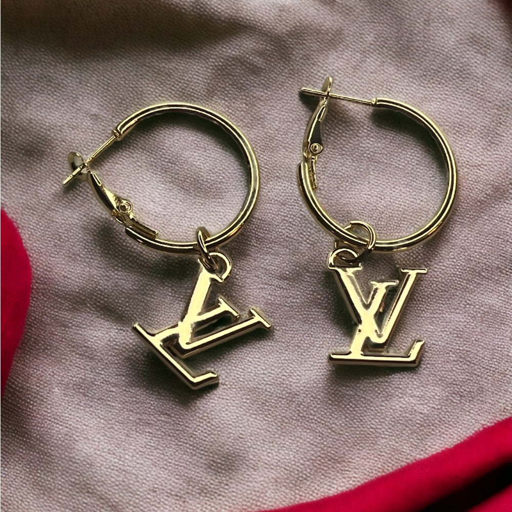 Louis Vuitton Stamped Charm Hoop Earrings